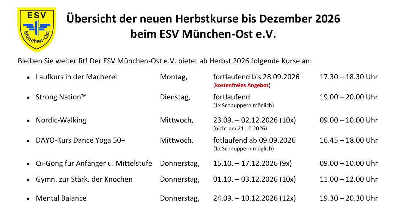 Übersicht der neuen Herbstkurse bis Dezember 2026